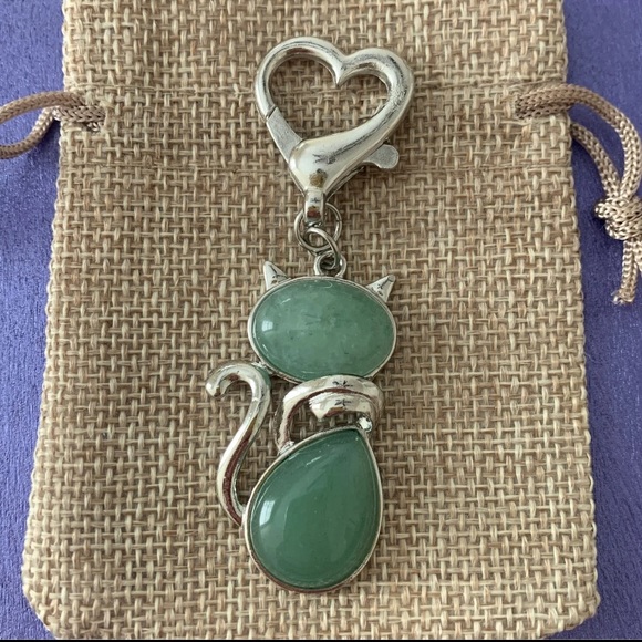 Green Aventurine Cat Keyring Charm Aventurine Cat Bag Charm Kitty Cat Charm - Picture 1 of 4